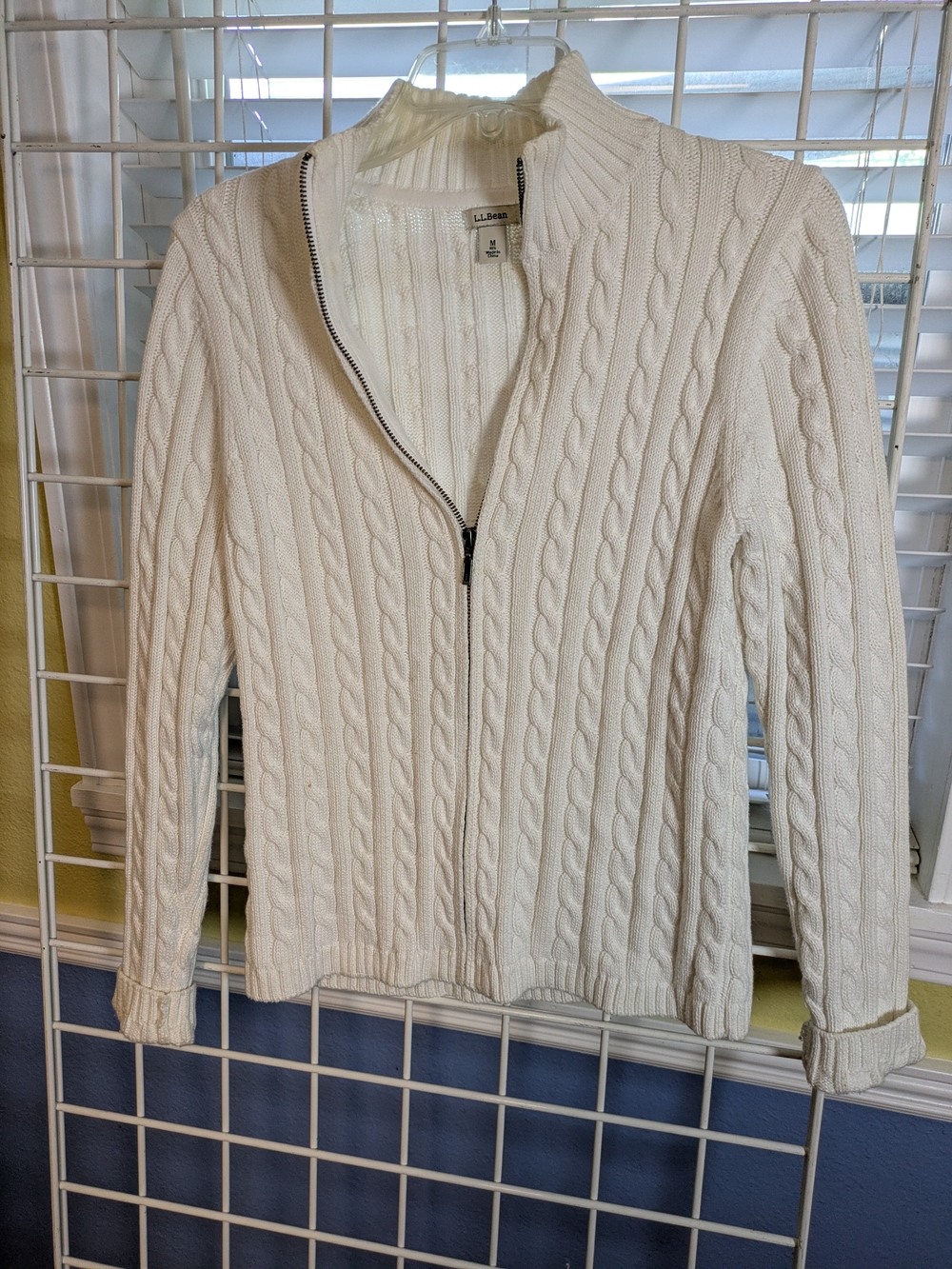 L.L. Bean Women's White Cable-Knit Full-Zip Sweater